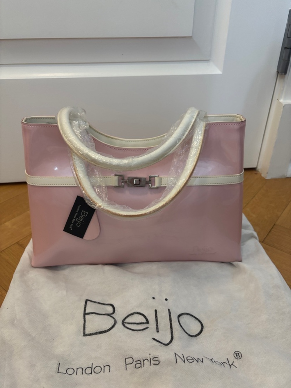 Beijo Pale Pink Patent Tote with Cream Trim